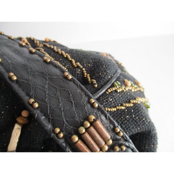 *Mary Frances Vintage Brown Beaded Satchel Tulip Motif Seed and Wooden Beads - Picture 10 of 14